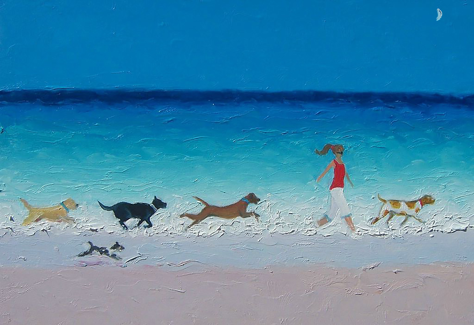 Mädchen und Hunde die auf Strand Ölgemälde